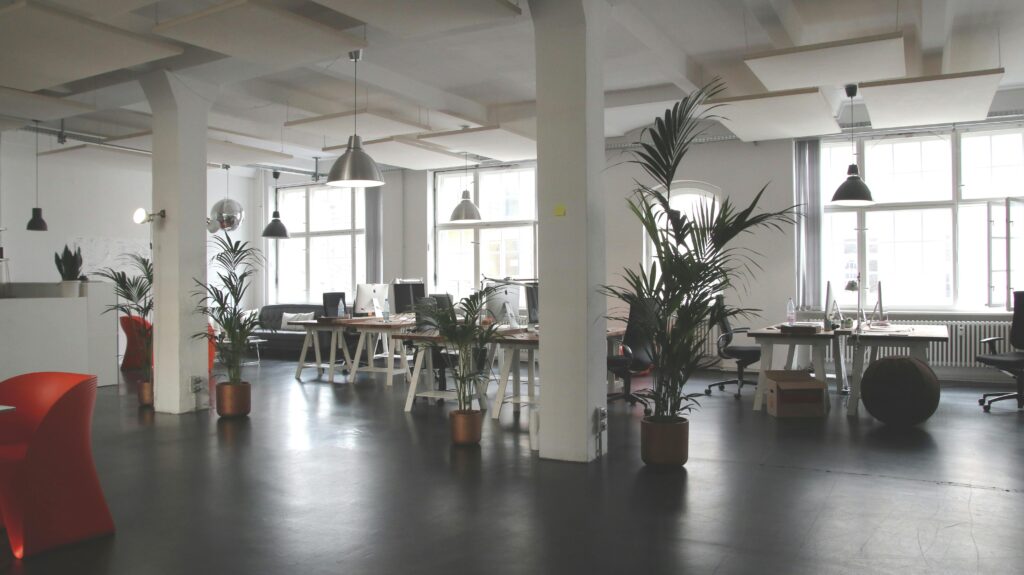 pexels-photo-380768-380768 Spacious modern office interior with desks, plants, and natural lighting in Berlin.